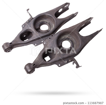 Curved metal rear chassis arm lever for spring with bushings - silent block on a white isolated background. Detail for suspension repair in a workshop or garage. Curved metal rear chassis arm lever for spring with bushings - silent block on a white isolated background. Detail for suspension repair in a workshop or garage. 113887987