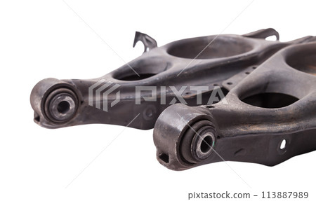 Curved metal rear chassis arm lever for spring with bushings - silent block on a white isolated background. Detail for suspension repair in a workshop or garage. Curved metal rear chassis arm lever for spring with bushings - silent block on a white isolated background. Detail for suspension repair in a workshop or garage. 113887989