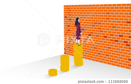 Money and wall illustration, business woman standing on money and high wall, vector Money and wall illustration, business woman standing on money and high wall, vector 113888080