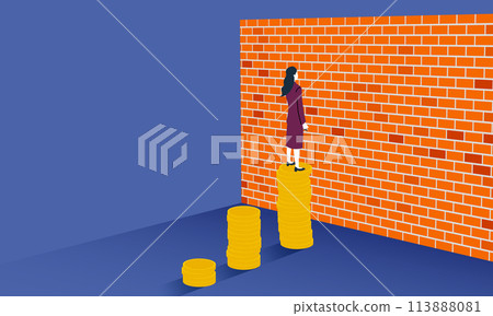 年收入牆插圖，站在金錢和高牆上的女商人，向量 113888081