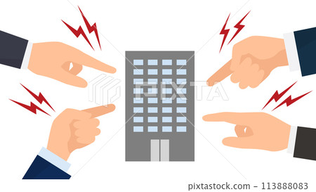 Illustration, vector of many big hands pointing at the company 113888083
