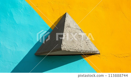 Concrete triangle on yellow blue background. Minimalistic wallpaper. 113888744