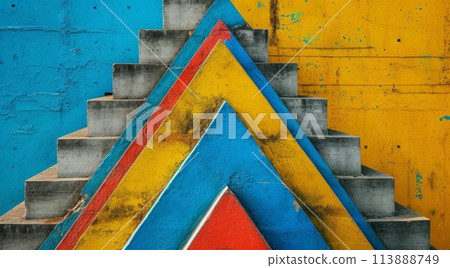 Concrete colorful triangles on yellow blue background. Minimalistic wallpaper. Concrete colorful triangles on yellow blue background. Minimalistic wallpaper. 113888749