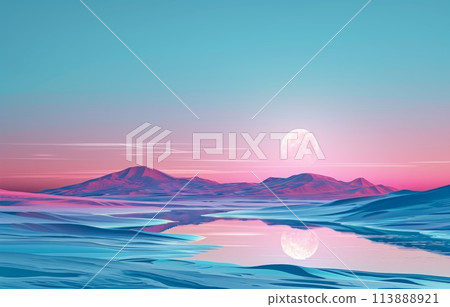 3D illustration of the full moon over the sea and mountains. 113888921