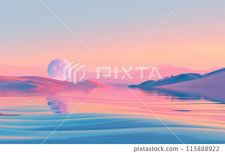 3D illustration of the full moon over the sea and mountains. 113888922