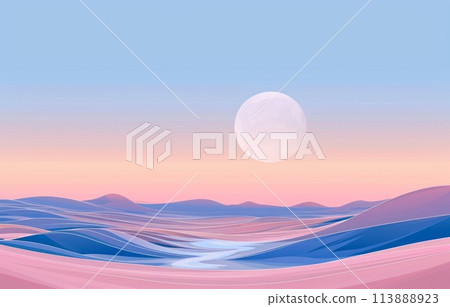 3D illustration of the full moon over the sea and mountains. 3D illustration of the full moon over the sea and mountains. 113888923