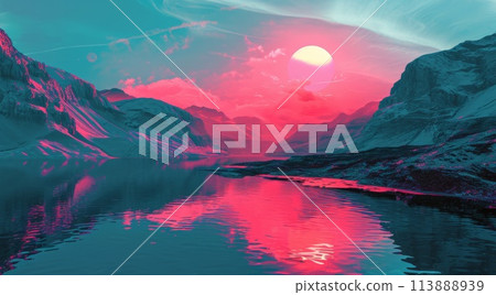 Beautiful sunset over the sea - 3d render. Summer background 113888939