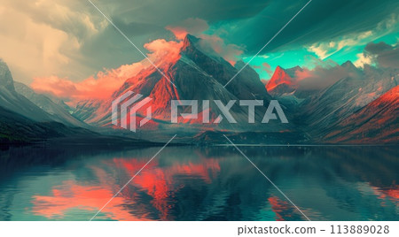 Fantastic panoramic view of snow-capped mountain peaks reflected in lake 113889028