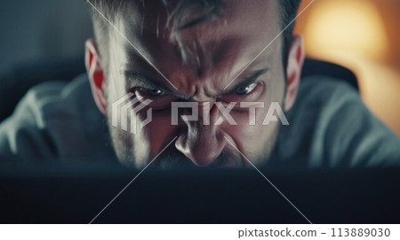 Mad male worker lose temper scream loudly having computer problems or virus attack, furious man shout experience laptop breakdown or data loss while working Mad male worker lose temper scream loudly having computer problems or virus attack, furious man shout experience laptop breakdown or data loss while working 113889030