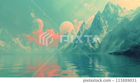 Fantastic panoramic view of snow-capped mountain peaks reflected in lake 113889031