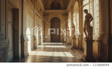 Arcade and a corridor of white columns. A passage of marble columns. Background with perspective going into distance Arcade and a corridor of white columns. A passage of marble columns. Background with perspective going into distance 113889044