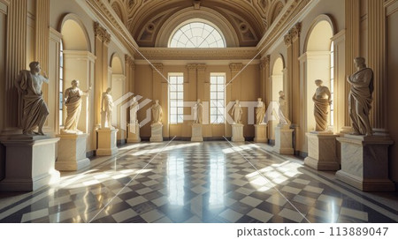 Arcade and a corridor of white columns. A passage of marble columns. Background with perspective going into distance 113889047