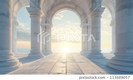 Arcade and a corridor of white columns. A passage of marble columns. Background with perspective going into distance 113889057