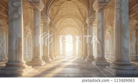 Arcade and a corridor of white columns. A passage of marble columns. Background with perspective going into distance 113889063