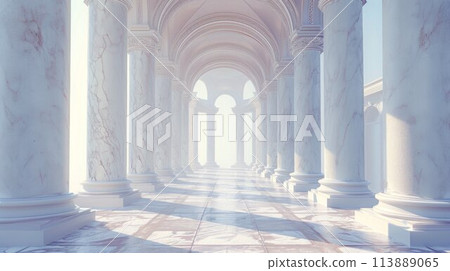 Arcade and a corridor of white columns. A passage of marble columns. Background with perspective going into distance 113889065
