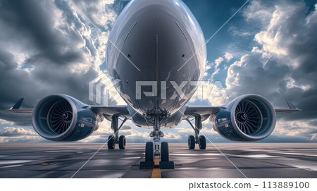 Front view of wide body passenger airplane on bright background with sky 113889100