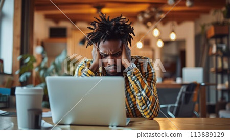 Stressful Job. Stressed African Businessman At Laptop Touching Head Having Problem At Workplace Sitting In Modern Office. Crisis And Entrepreneurship Business Issues 113889129