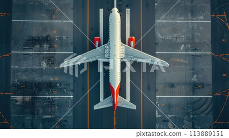 Top down view on commercial airplane docking in terminal in the parking lot of the airport apron, waiting for services maintenance, refilling fuel services after airspace lock down 113889151