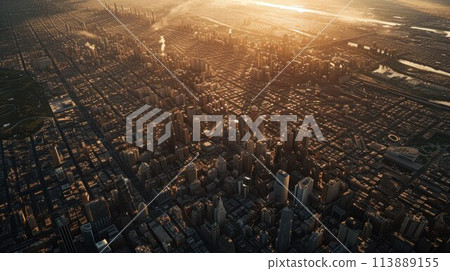 Aerial view of the huge city at the sunset. Drone photography 113889155