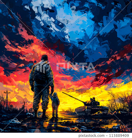 Painting of man and dog standing in front of sunset. Painting of man and dog standing in front of sunset. 113889409