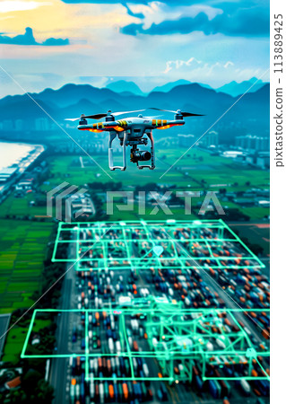 Aerial view of parking lot with large airplane flying over it. 113889425