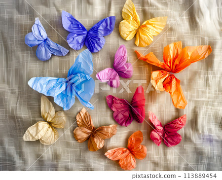 Group of colorful butterflies sitting on top of sheet of tissue paper. 113889454