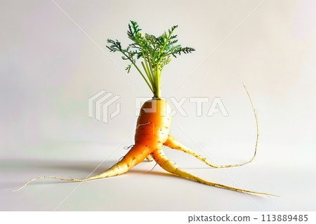 Close up of carrot with stalk of carrot on the ground. 113889485