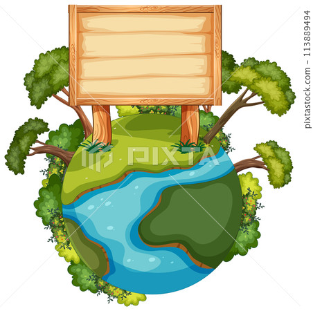 Eco-Friendly World with Wooden Signboard Eco-Friendly World with Wooden Signboard 113889494