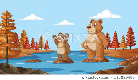 Friendly Bears by the Autumn River 113889496