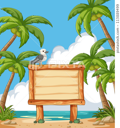 Tropical Beach Signboard with Seagull Tropical Beach Signboard with Seagull 113889499