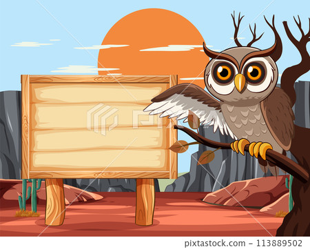 Wise Owl with Blank Wooden Sign Wise Owl with Blank Wooden Sign 113889502