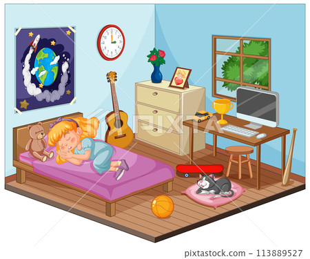Cozy Bedroom with Girl and Pet Cat 113889527