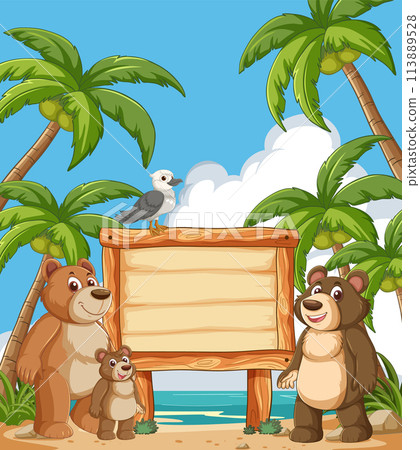 Tropical Beach Animals with Blank Sign 113889528