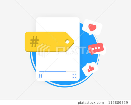 Video SEO with trending hashtags. Video tag optimization for social media - research and add best tags and hashtag keywords. Outline vector illustration isolated on white background with icons 113889529