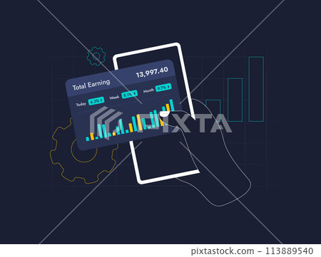 Profit growth graph, revenue increase chart. Fluctuation in earnings, financial success illustration with business growth graph and increasing profits. Outline vector illustration on black background 113889540