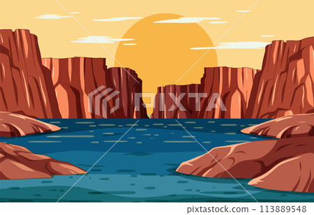 Serene Canyon Sunset Vector Illustration 113889548