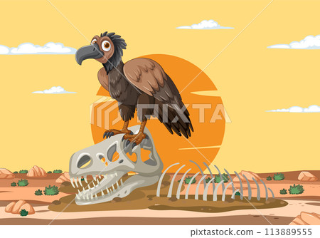 Vulture Perched on Desert Dinosaur Fossil 113889555