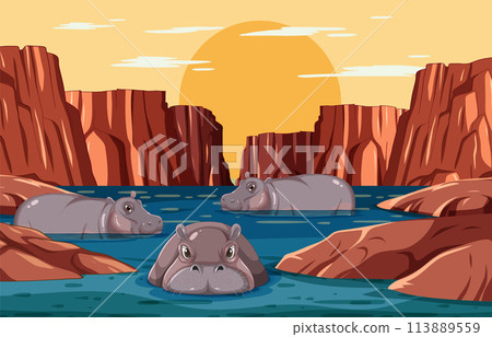 Hippos Bathing in Serene River Canyon Hippos Bathing in Serene River Canyon 113889559