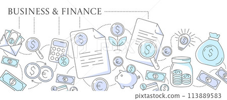 Business and finance, vector banner with monetary icons. Dollar and euro sign, piggy bank, currency exchange, money bag, banknotes, calculator. For advertisement, header, website, poster Business and finance, vector banner with monetary icons. Dollar and euro sign, piggy bank, currency exchange, money bag, banknotes, calculator. For advertisement, header, website, poster 113889583