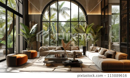 Interior of light living room with grey sofas, coffee table and large window 113889616