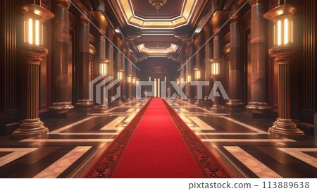 Interior, long hallway with red carpet in an old palace Interior, long hallway with red carpet in an old palace 113889638