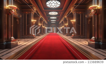 Interior, long hallway with red carpet in an old palace Interior, long hallway with red carpet in an old palace 113889639