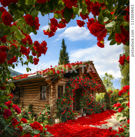 House surrounded by red flowers with green roof and red rose bush. 113889663