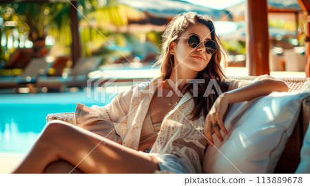 Woman in white shirt and sunglasses sitting on couch next to pool. 113889678