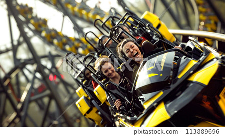 Group of people riding on top of roller coaster at carnival. 113889696