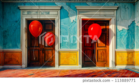 Painting of two red balloons in front of blue building with wooden doors. 113889771