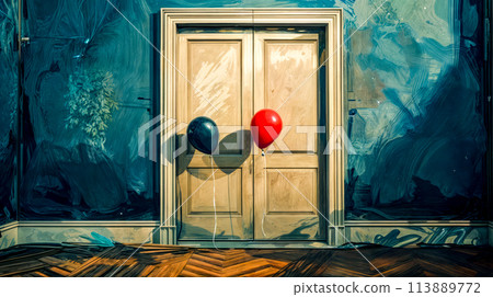 Painting of two balloons in front of door with blue background. 113889772