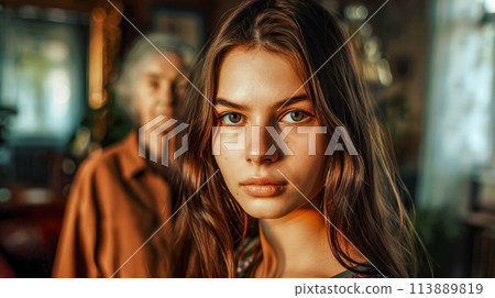 Close up of woman with man in the background behind her. Close up of woman with man in the background behind her. 113889819