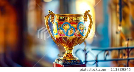 Gold trophy with red base and blue and yellow lettering on it. Gold trophy with red base and blue and yellow lettering on it. 113889845