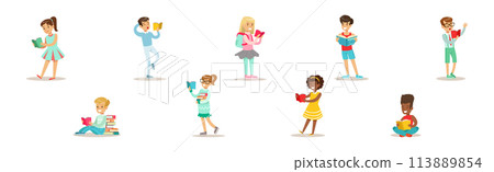Kid Character Reading Book Enjoying Literature Vector Set Kid Character Reading Book Enjoying Literature Vector Set 113889854
